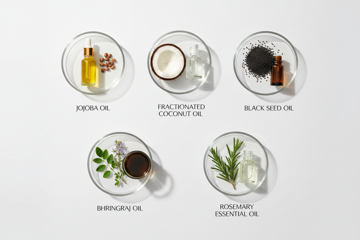 Labeled hair serum ingredients - jojoba, coconut, black seed, bhringraj, and rosemary